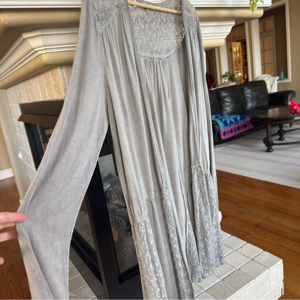 POL Grey Lace Patchwork Open Front long Cardigan … - image 2